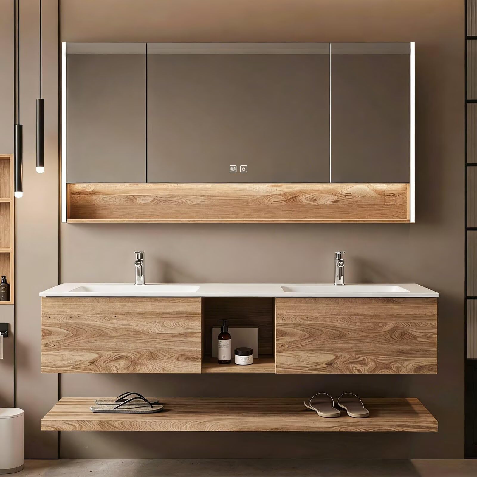60”-84”Double Sink Floating Bathroom Vanity, Oak Cabinet with LED Mirror Cabinet & Open Shelf
