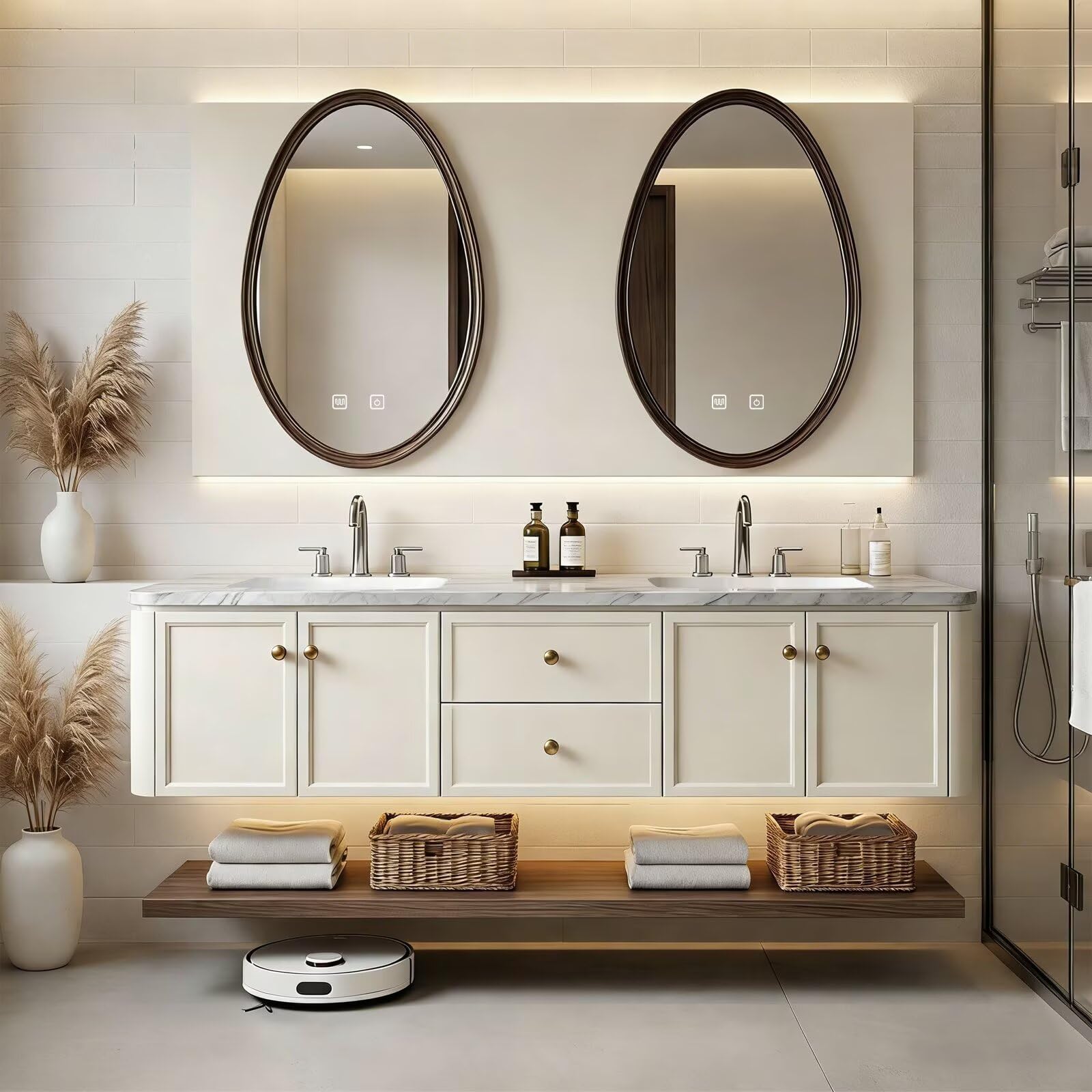 60”-84” Double Sink Floating Vanity with Oval LED Mirrors, Cream Cabinet & Marble Top