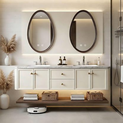 60”-84” Double Sink Floating Vanity with Oval LED Mirrors, Cream Cabinet & Marble Top