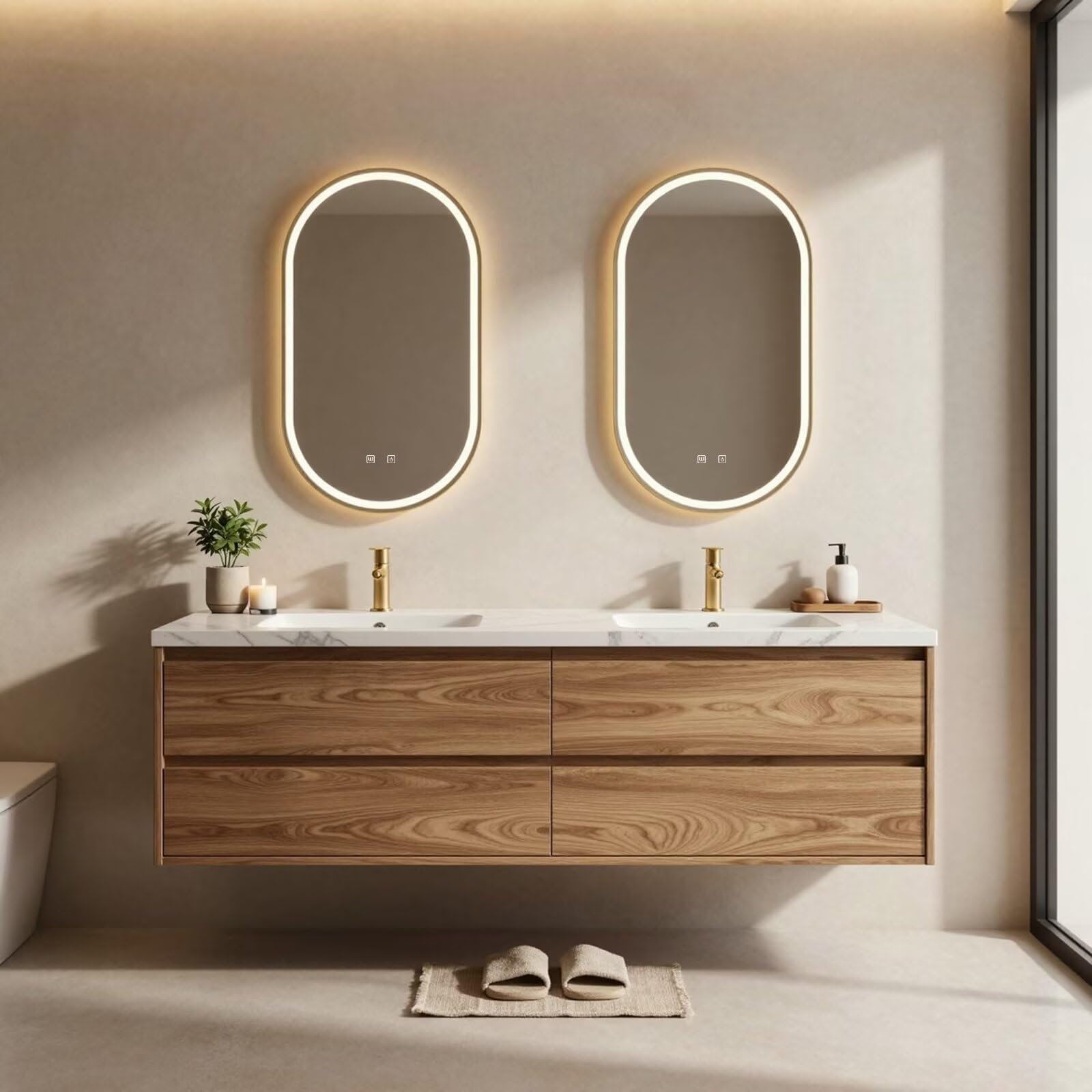 60"-84"Floating Oak Bathroom Vanity with Double Sinks & Oval LED Backlit Mirrors