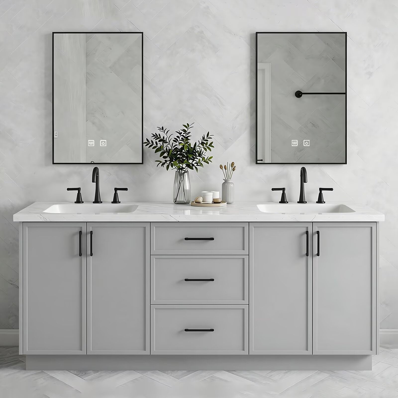 60”-96”Double Sink Freestanding Bathroom Vanity with 2 LED Mirrors, Gray Wood Vanity with Marble Top & Black Hardware