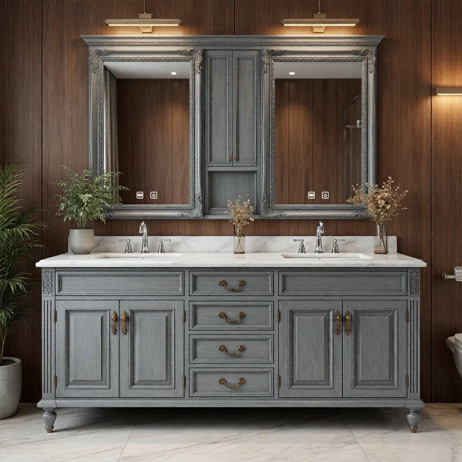 60”-112” Gray Traditional Bathroom Vanity with Double Sinks & Marble Top