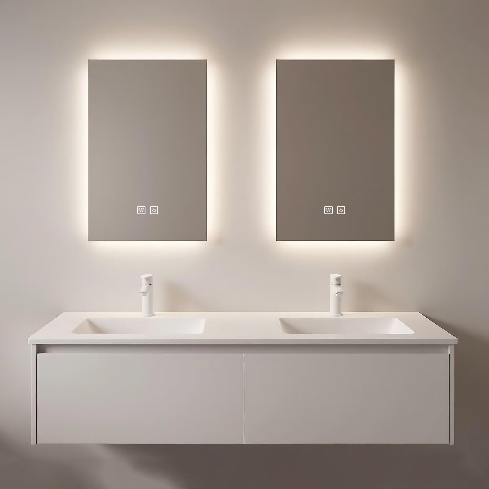 60”-84”Double Sink Floating Bathroom Vanity, All-White Modern Cabinet with Backlit LED Mirrors