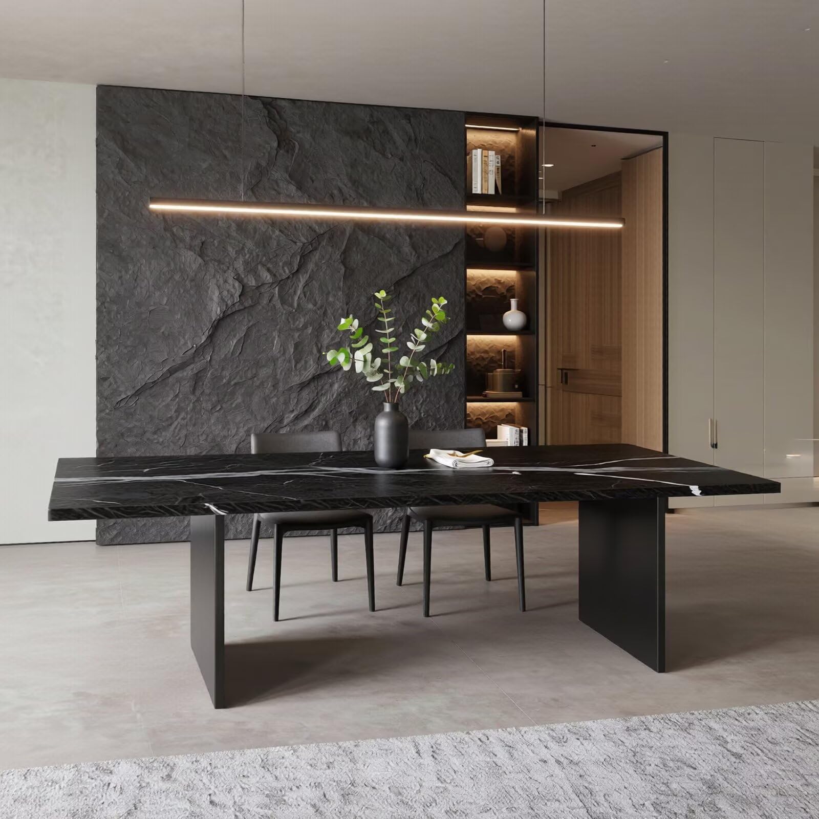 60"-80"Modern Black Stone Dining Table, Rectangular Marble Table with Sleek Metal Legs