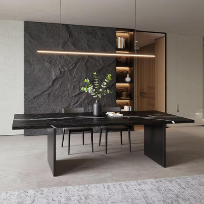 60"-80"Modern Black Stone Dining Table, Rectangular Marble Table with Sleek Metal Legs