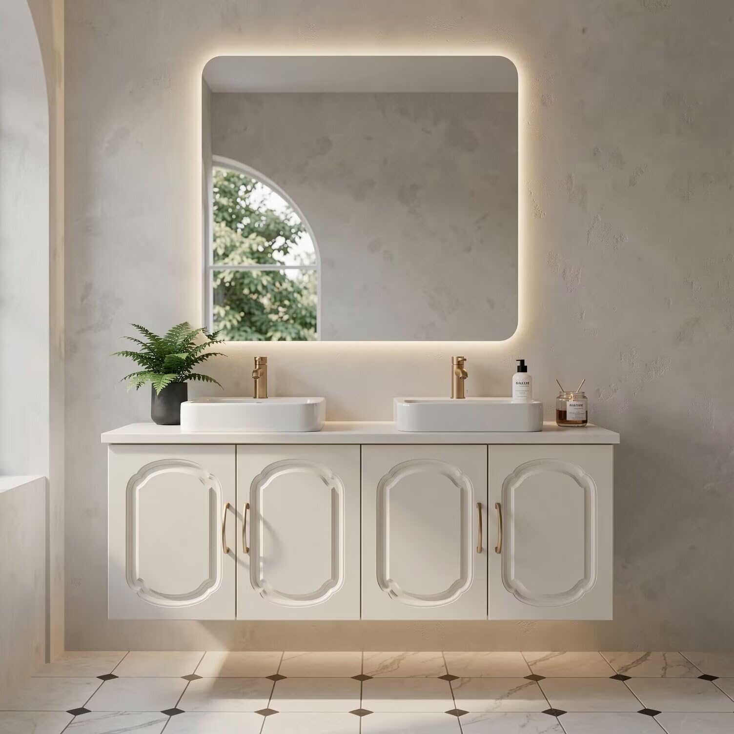 60”-84”Double Sink Vanity with LED Mirror, Cream Floating Cabinet & Gold Hardware