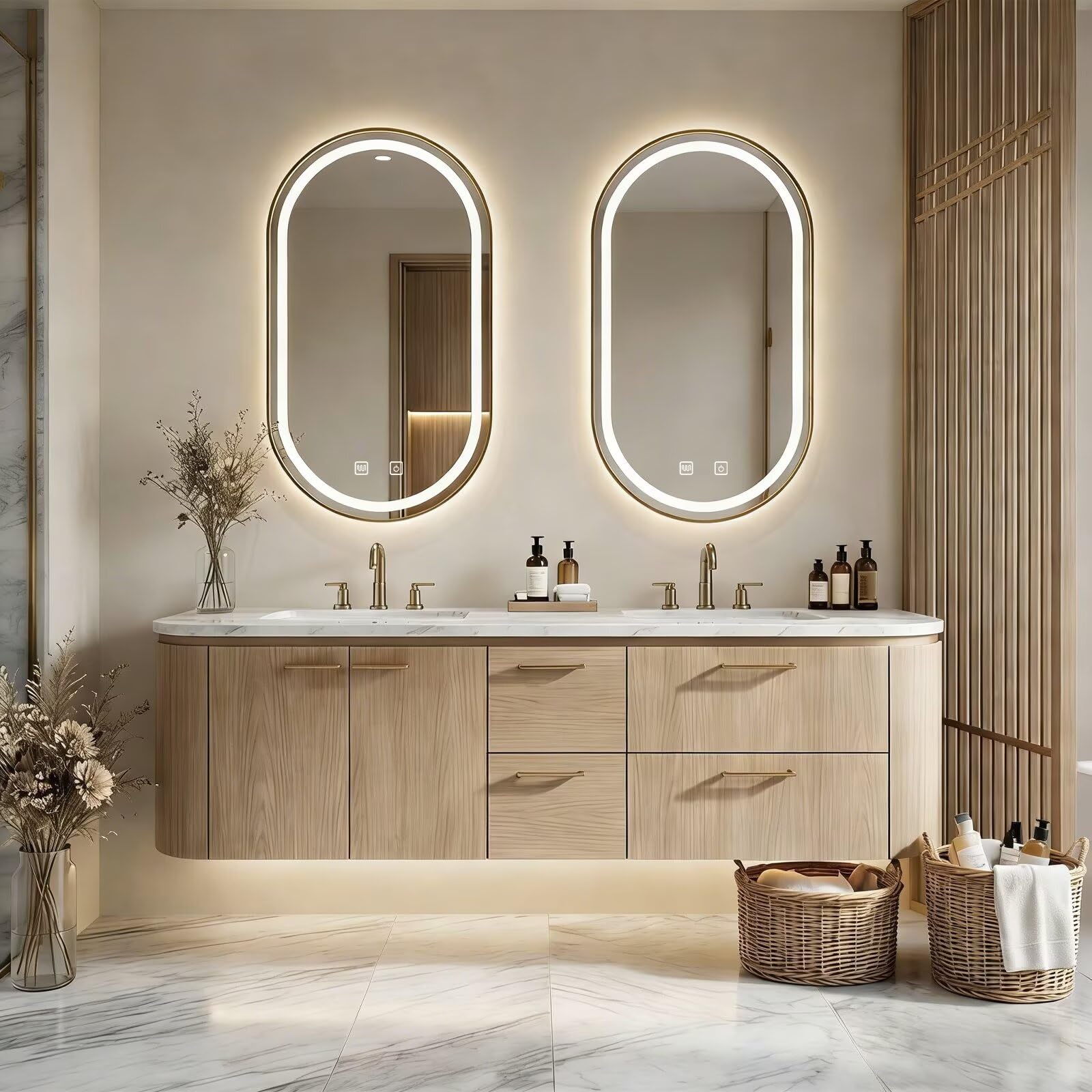 60"-84"Floating Oak Bathroom Vanity with Double Sinks & LED Oval Mirrors
