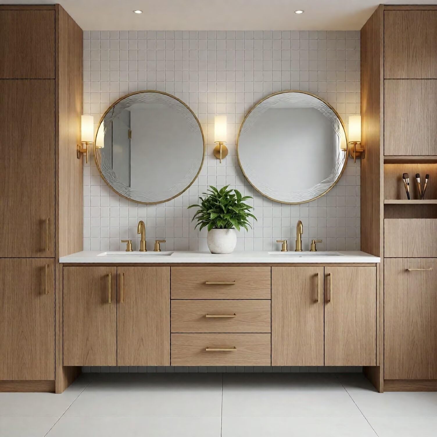 60"-96"Modern Light Oak Floating Bathroom Vanity with Double Sinks & Marble Top