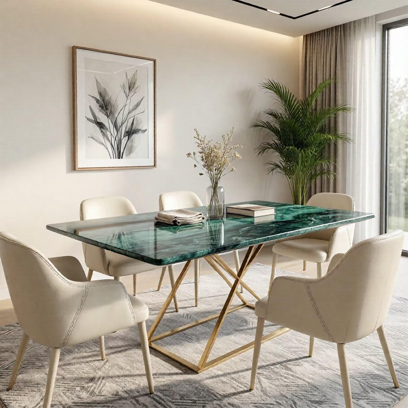 60"-80"Luxury Green Marble Dining Table, Rectangular Table with Sleek Gold Metal Legs