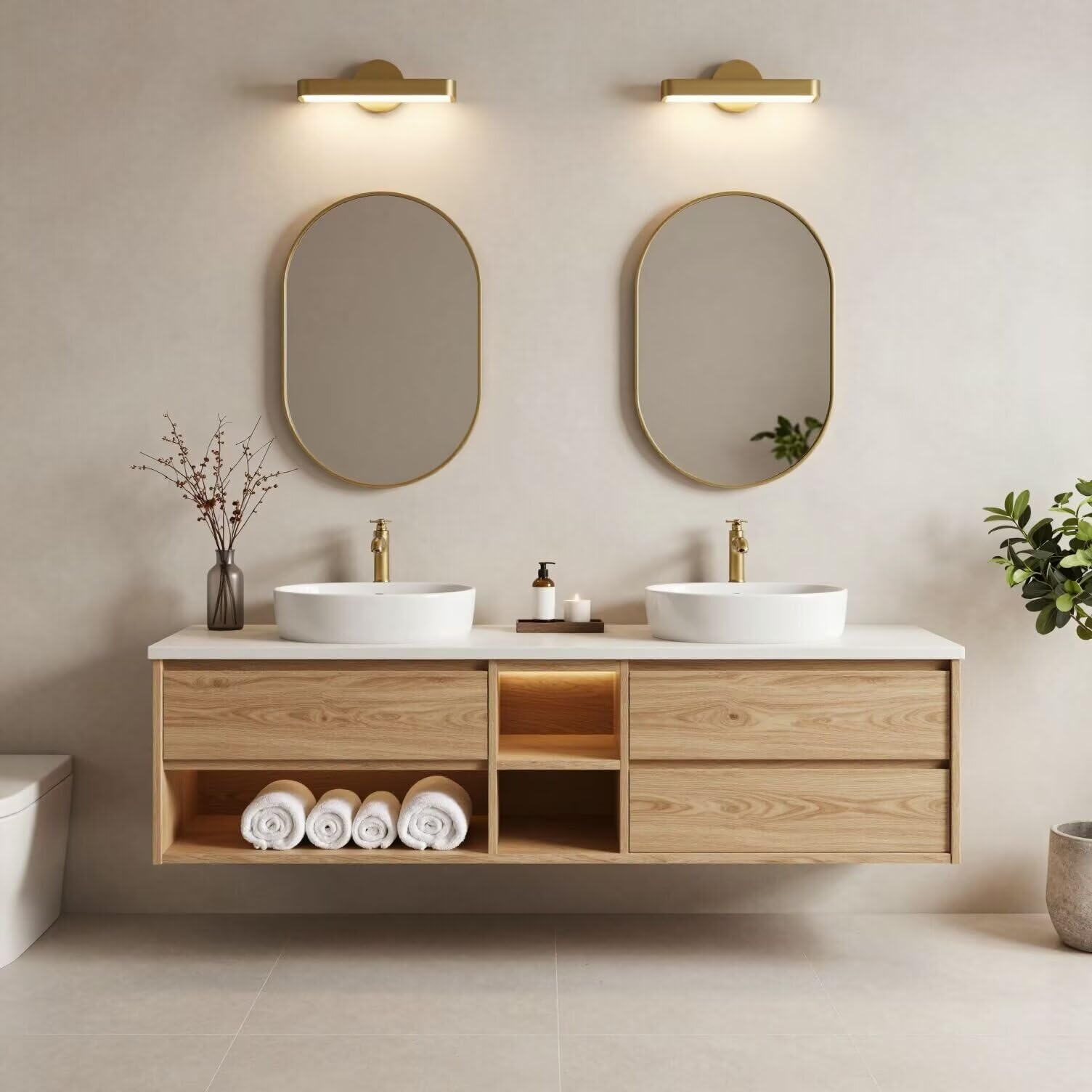 60"-84"Light Oak Floating Bathroom Vanity Set with Oval Gold Mirrors & Open Storage