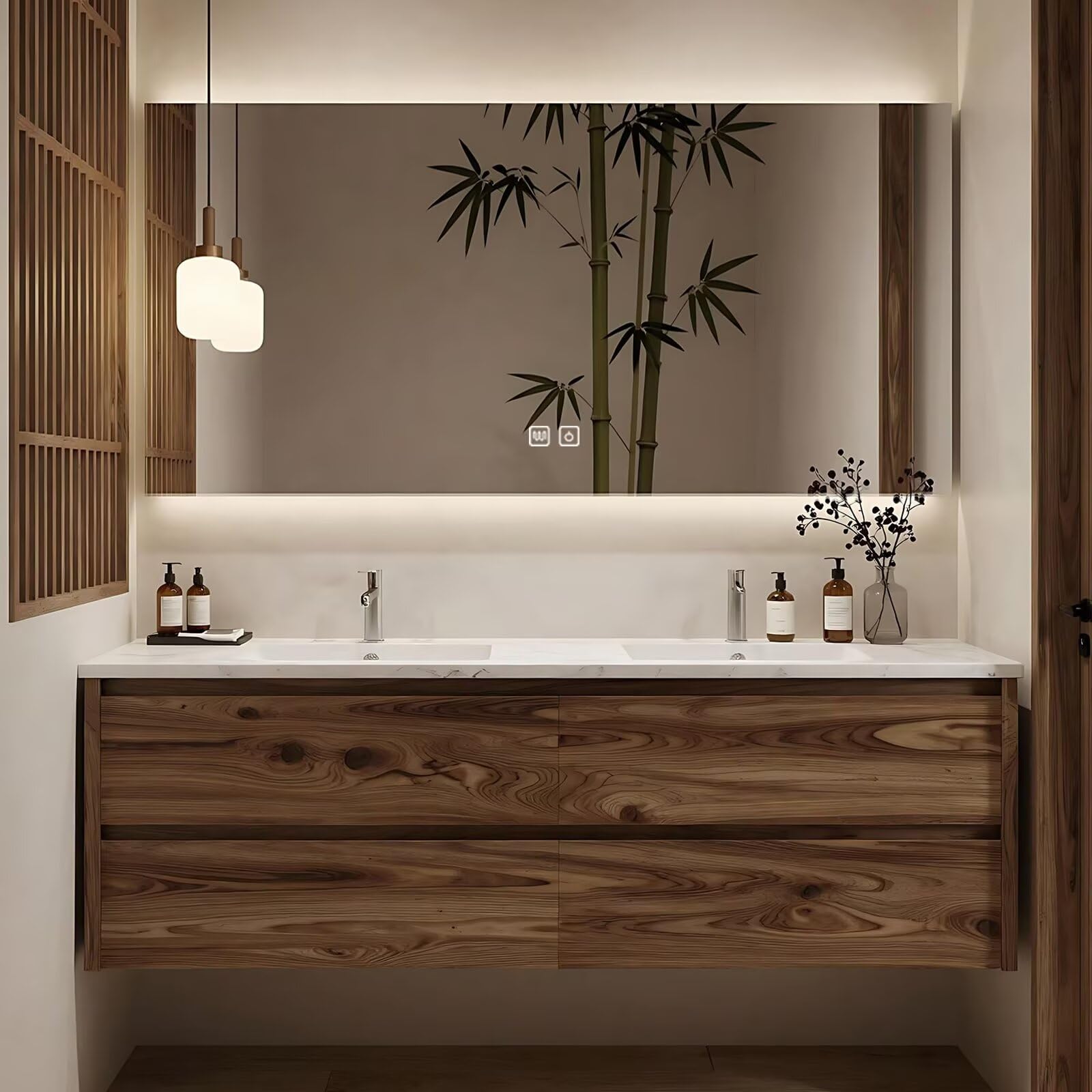 60”-84”Floating Double Sink Bathroom Vanity with LED Backlit Mirror, Wall Mounted Walnut Wood Vanity with Marble Top & Storage Drawers