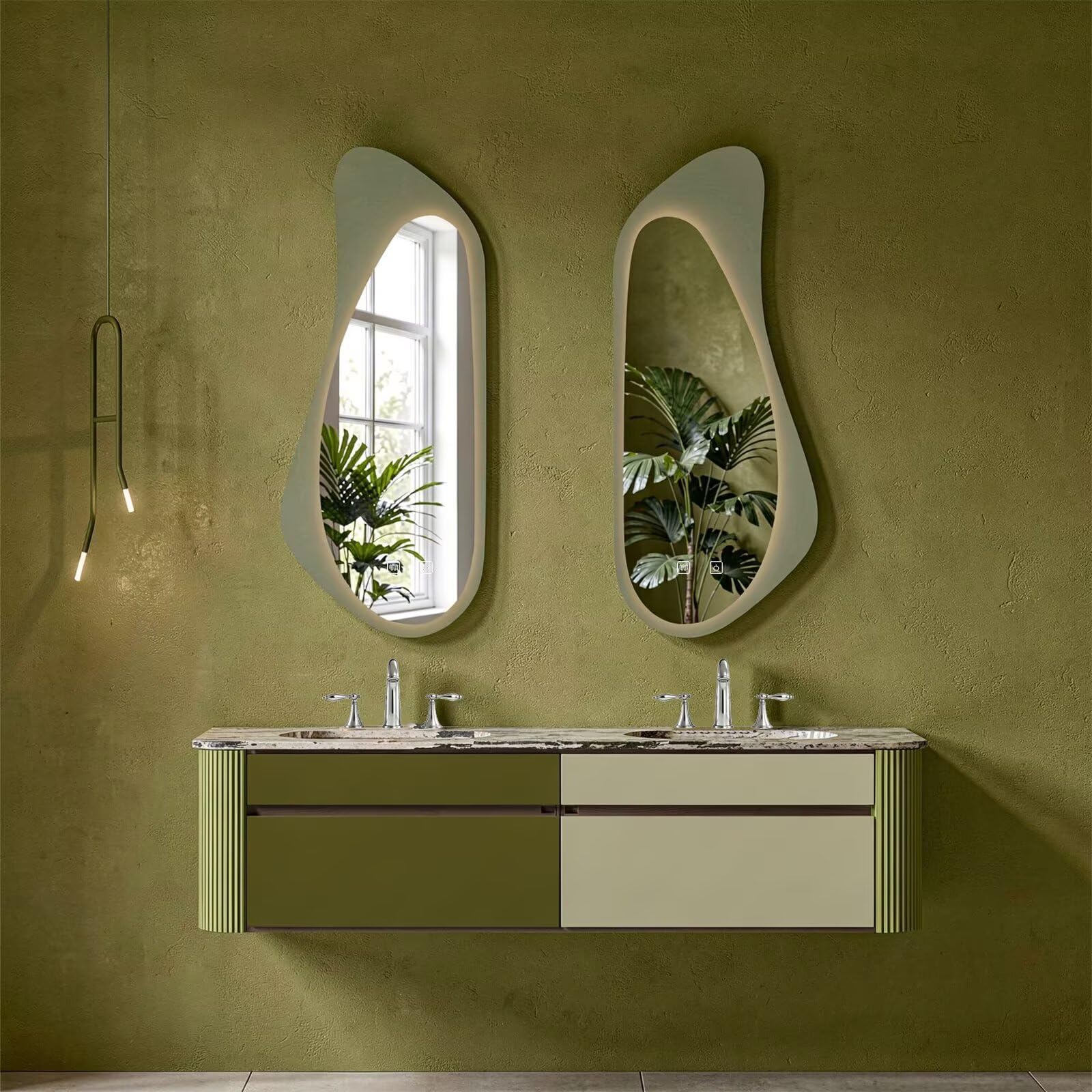 60"-96"Modern Wall-Mounted Bathroom Vanity with Marble Top & Fluted Side Panels