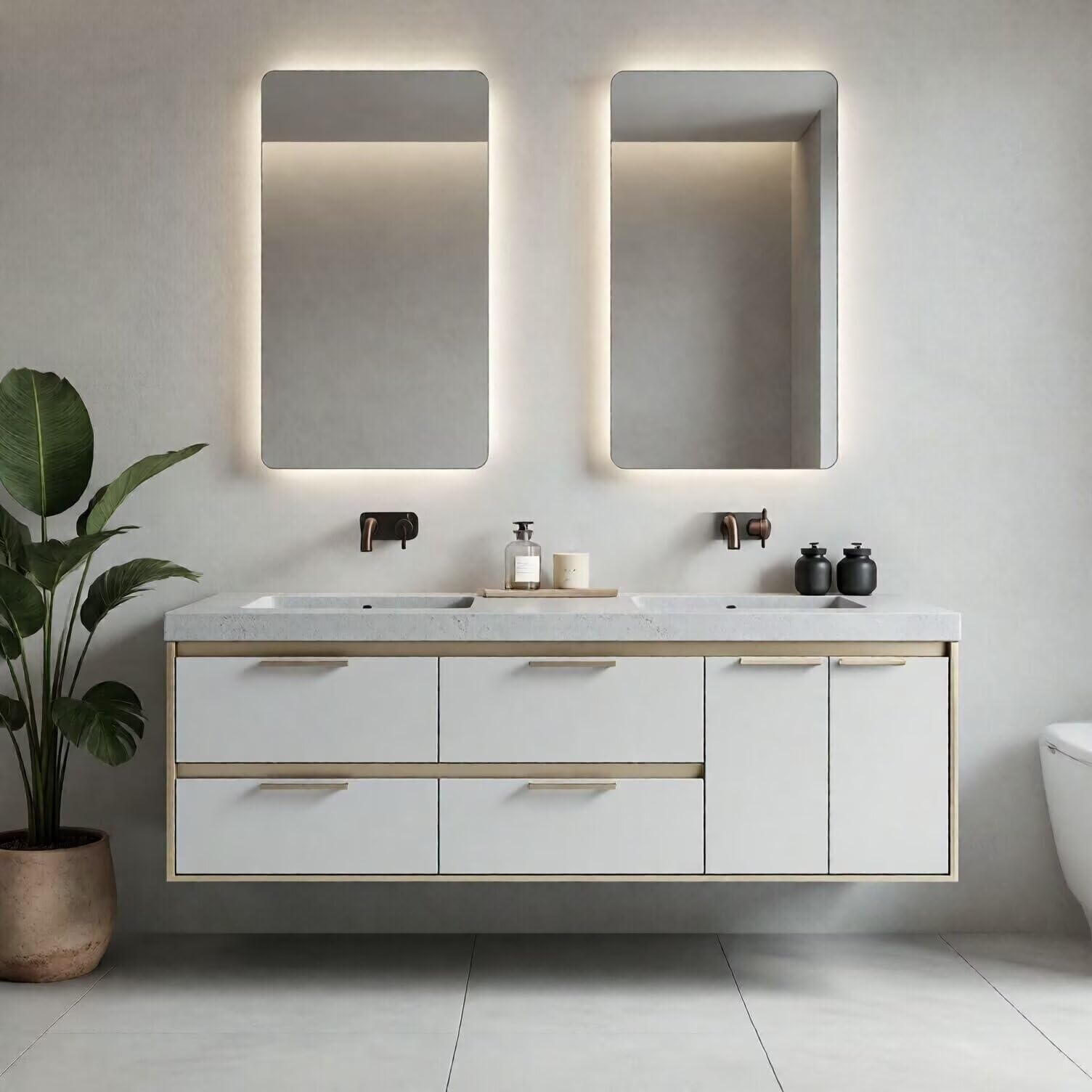 60"-96"Modern Wall-Mounted Bathroom Vanity with Stone Top & Light Wood Trim