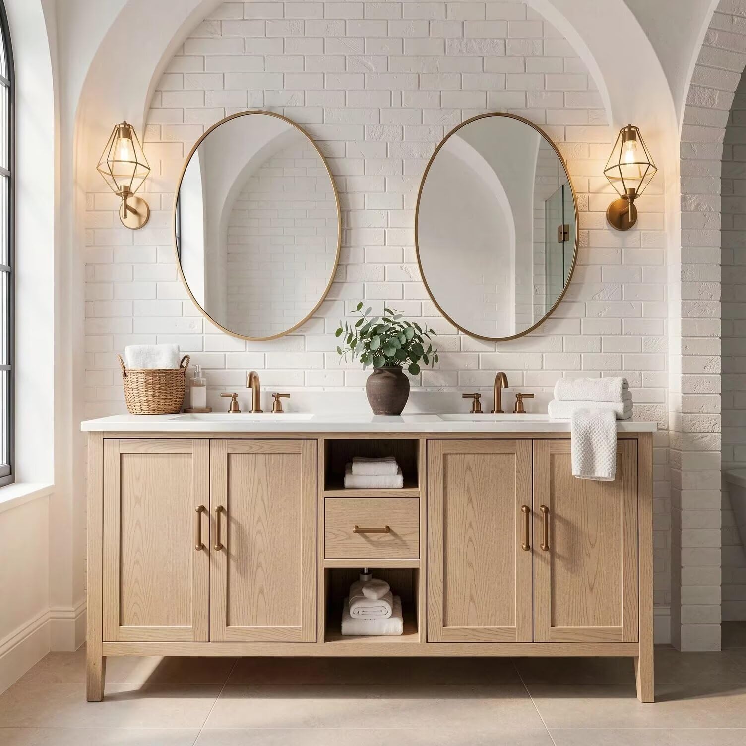 60"-96"Light Oak Bathroom Vanity with Double Sinks & Gold Framed Oval Mirrors