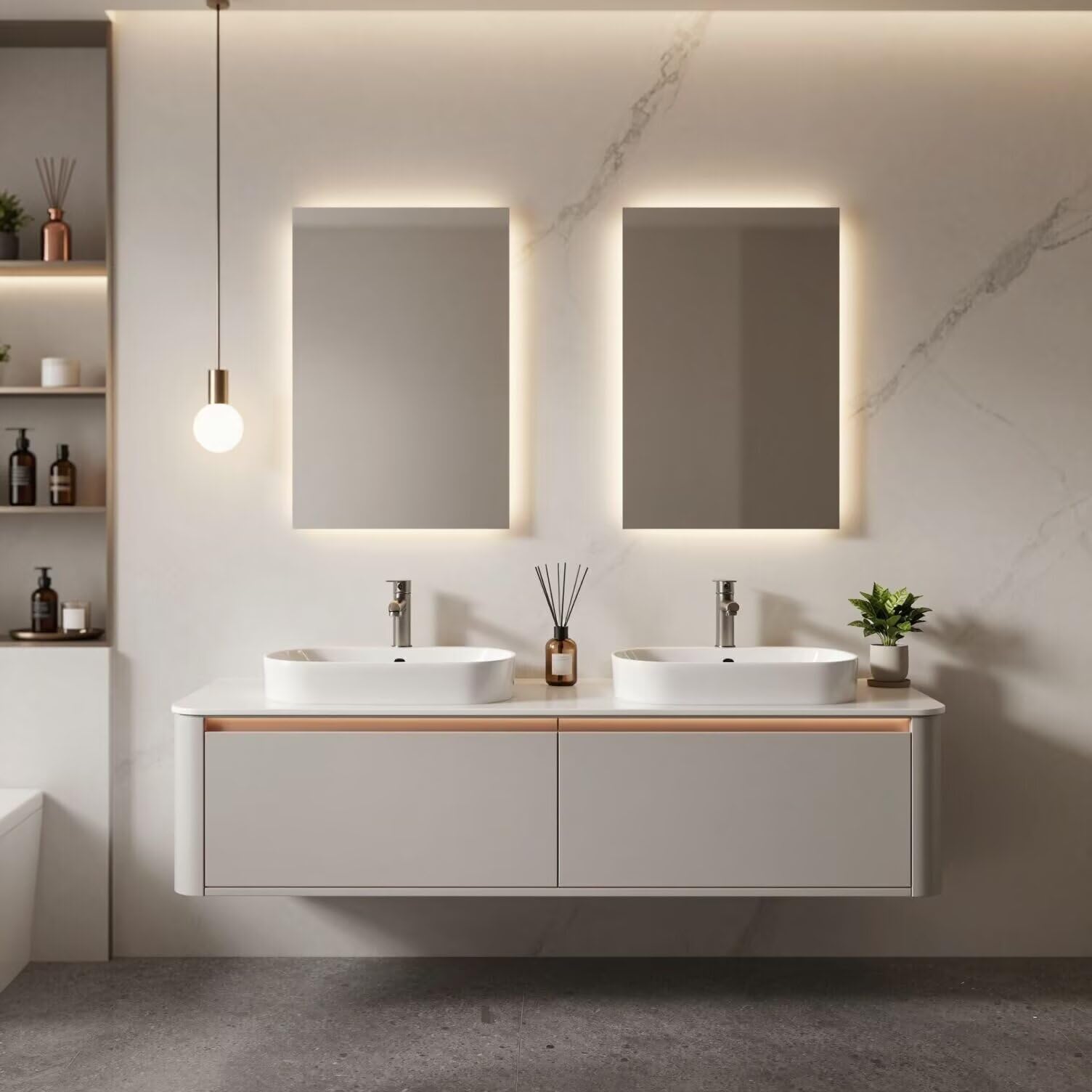 60"-96"Modern Wall-Mounted Bathroom Vanity with Rose Gold Trim & Soft-Close Doors