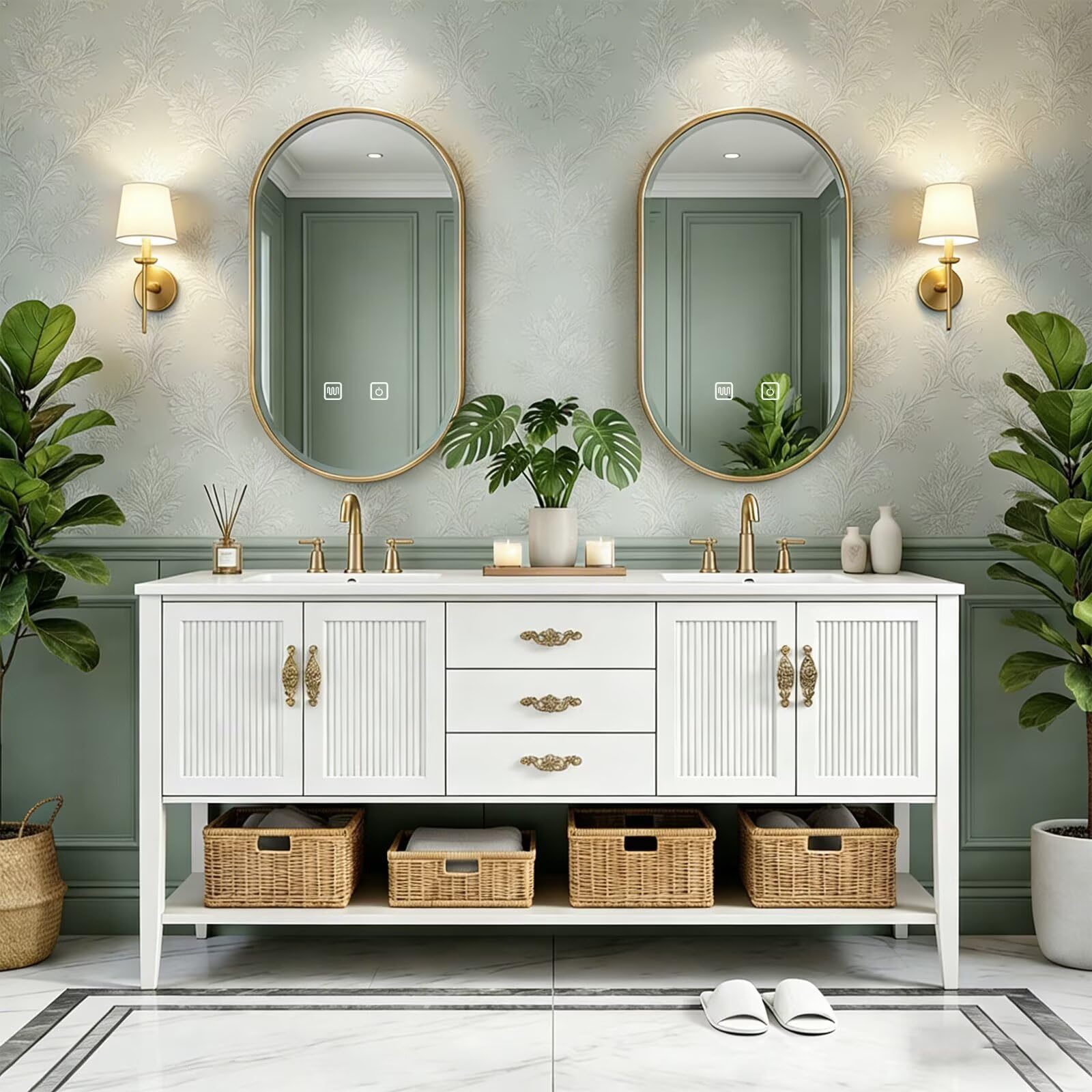 60”-84”Double Sink Freestanding Vanity with Gold Oval Mirrors, White Cabinet & Marble Top