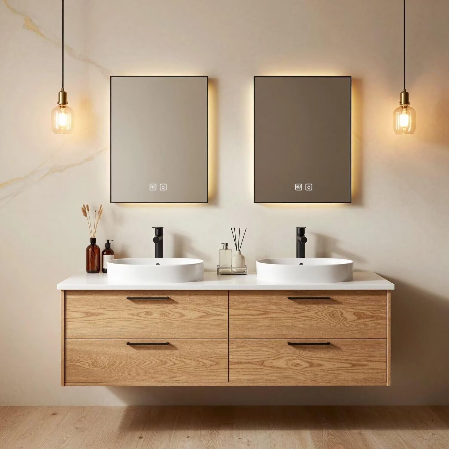 60"-84"Light Oak Floating Bathroom Vanity Set with LED Mirrors & Black Handles