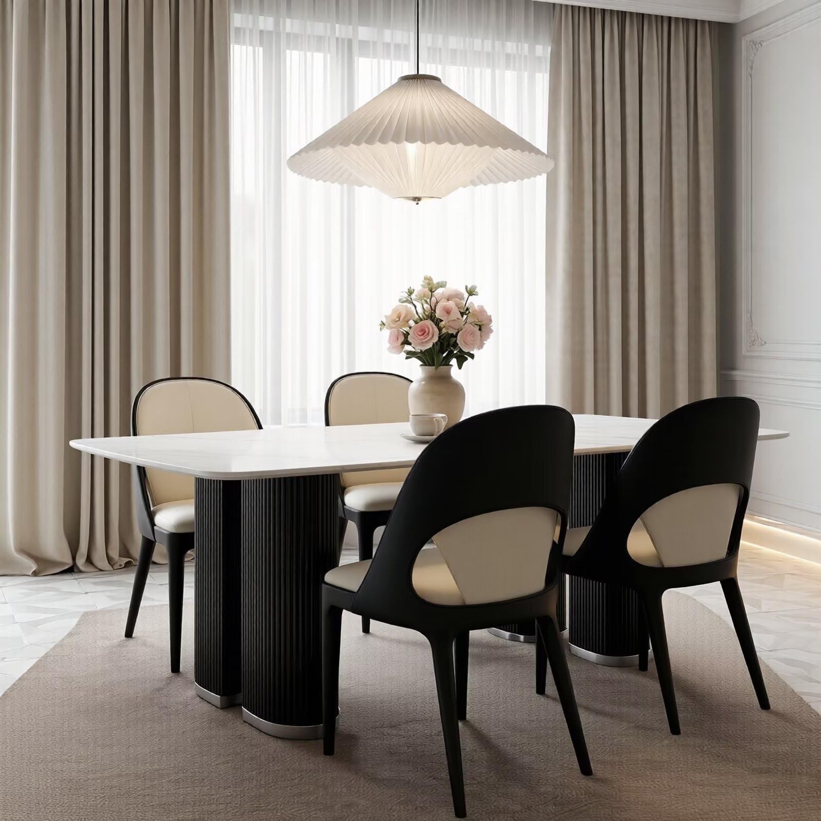 60"-80"White Marble Dining Table with Black Ribbed Base, Modern Rectangular Kitchen Table