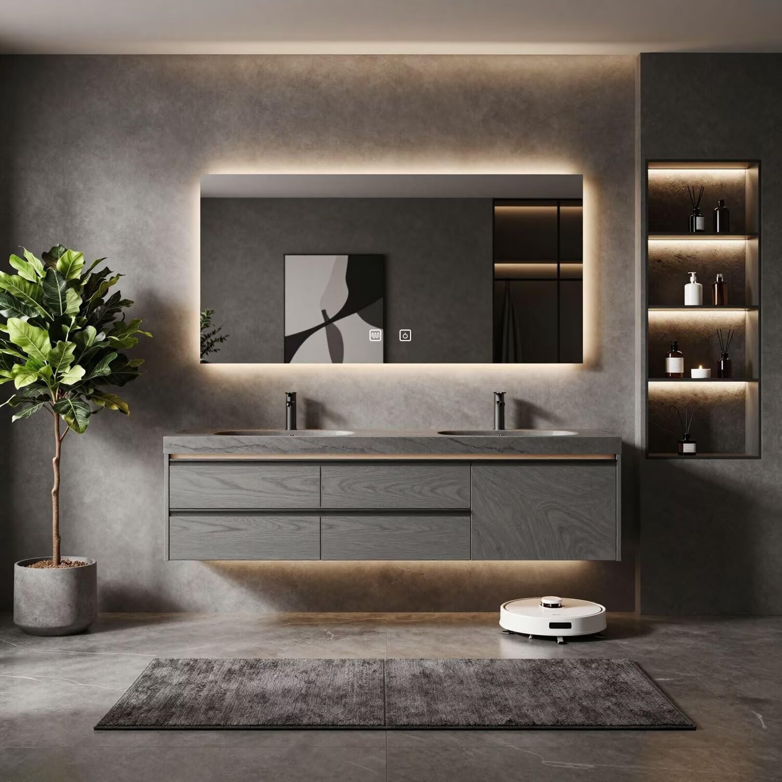 60”-84”Double Sink Floating Bathroom Vanity with LED Backlit Mirror, Gray Wood Cabinet