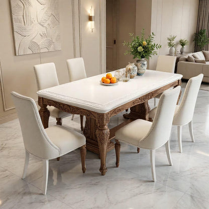 60"-80"Elegant Farmhouse Dining Table with Carved Wood Base & 6 Linen Chairs, for Dining Room