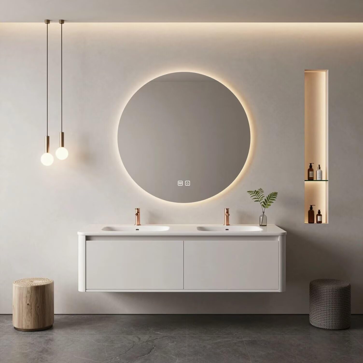 60"-84"Modern Floating Bathroom Vanity Set with LED Round Mirror & Rose Gold Handles
