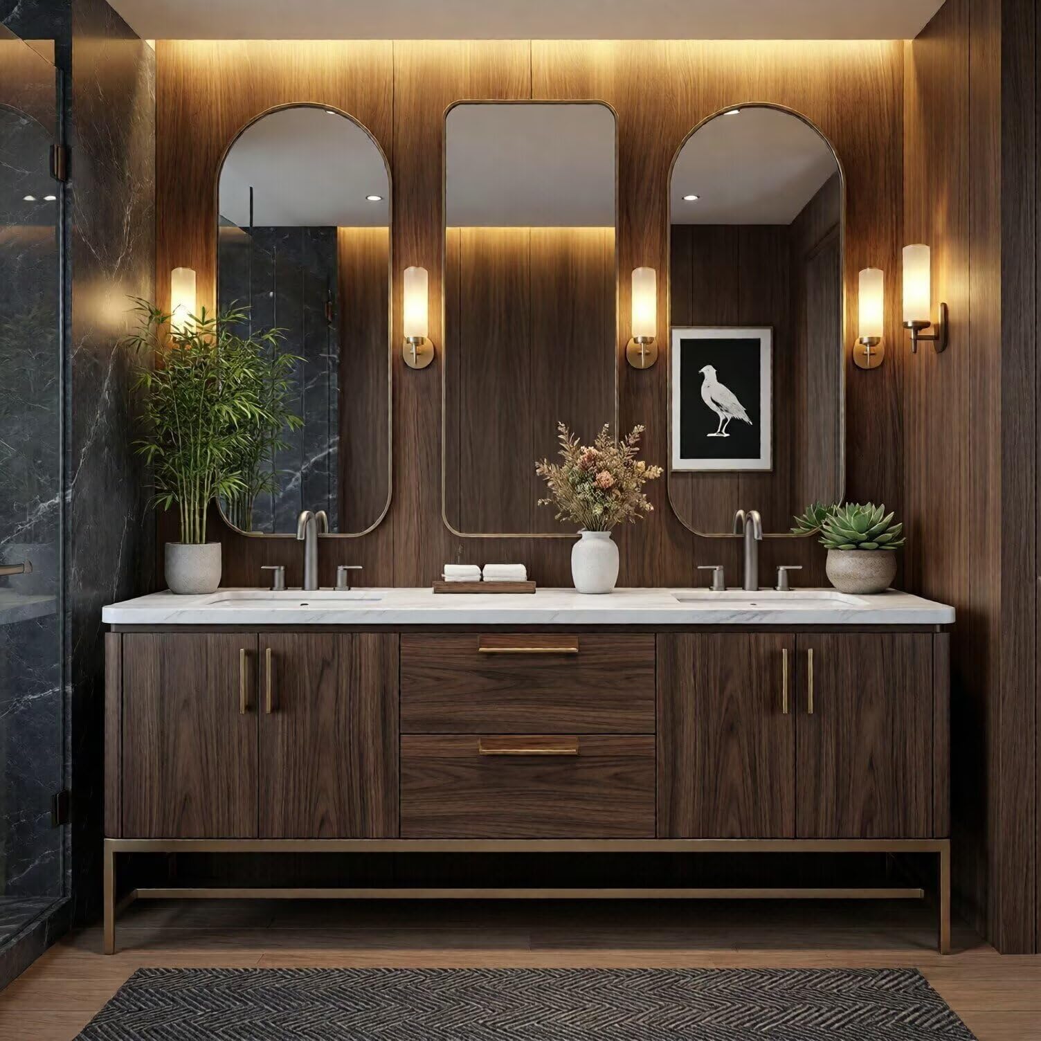 60"-96"Modern Dark Wood Bathroom Vanity with Double Sinks & Arched Mirrors