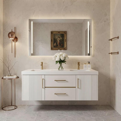 60”-96”White Floating Bathroom Vanity with Double Sinks & LED Lighted Mirror