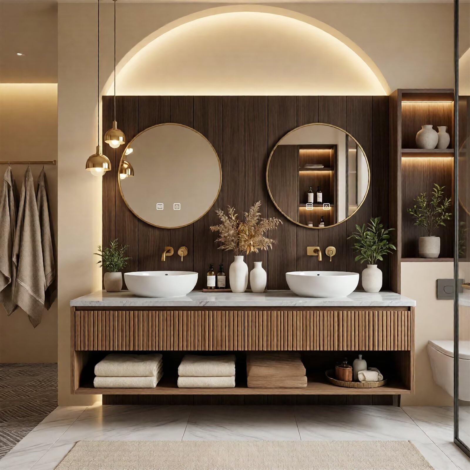 60"-84"Floating Oak Bathroom Vanity with Double Vessel Sinks & LED Round Mirrors