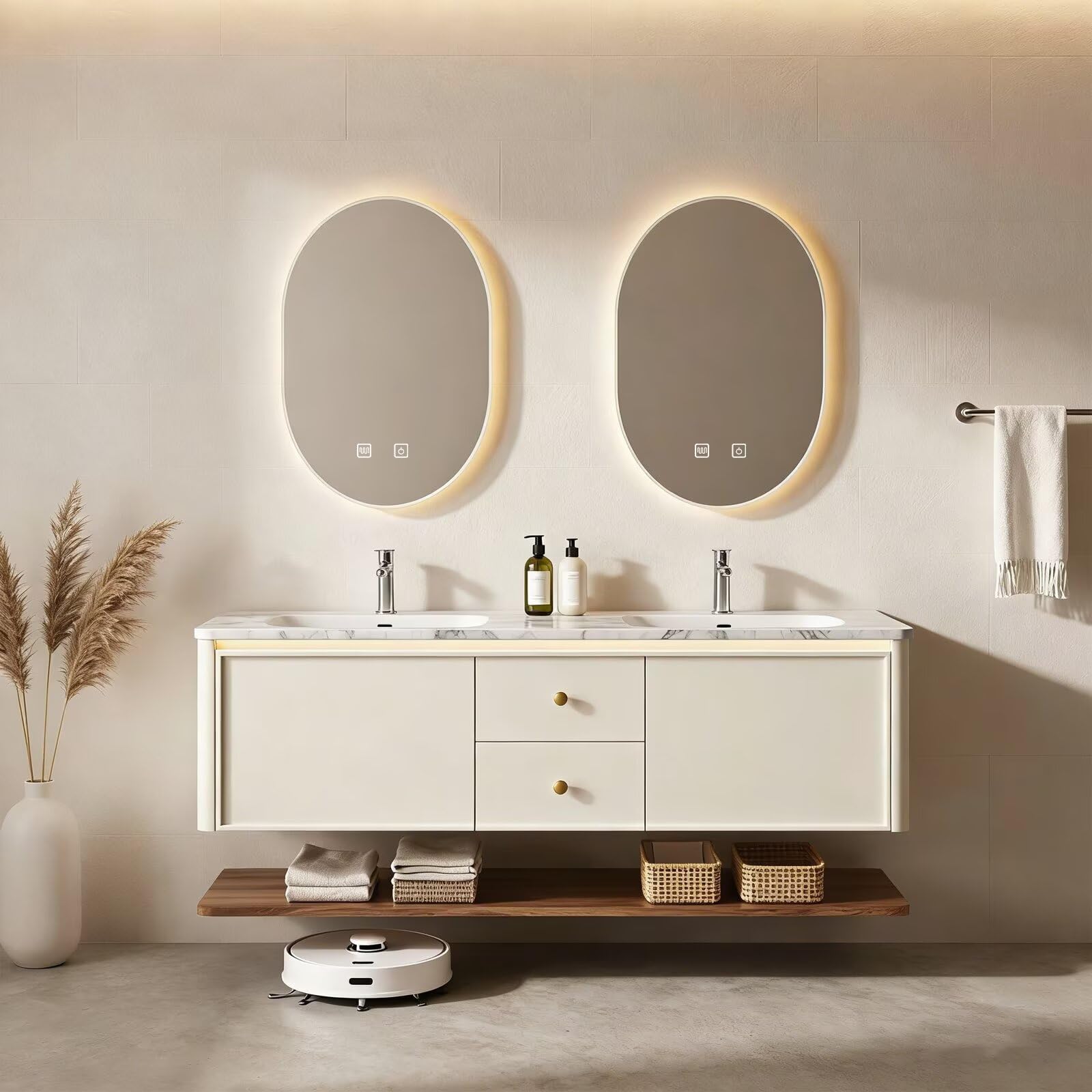 60"-84"Modern Cream Floating Bathroom Vanity Set with Marble Top & Open Shelf