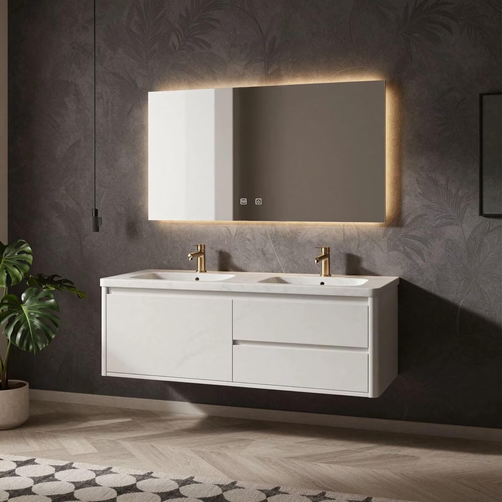 60"-78"Floating White Bathroom Vanity with Double Sinks & Backlit LED Mirror Cabinet