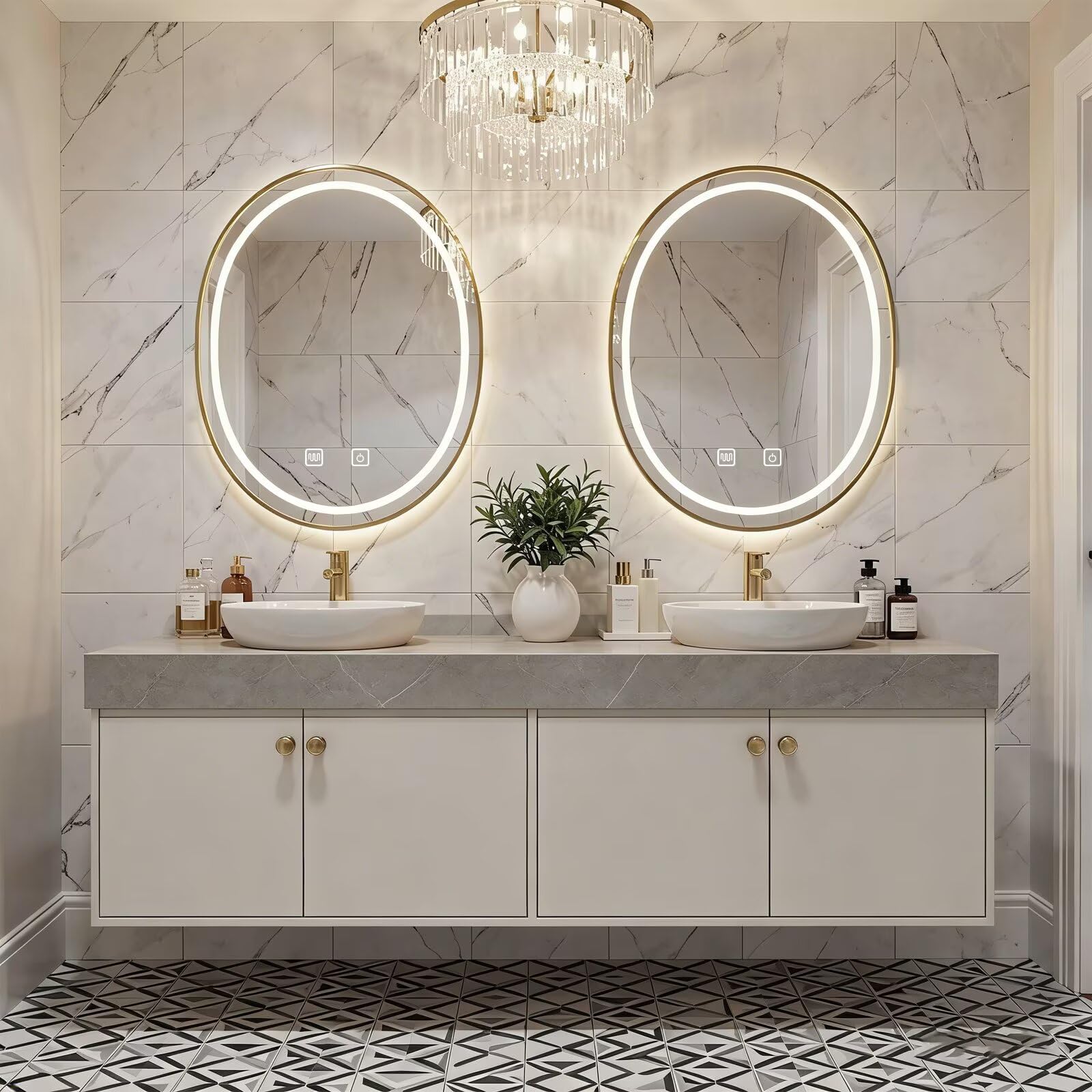 60"-84"Floating Beige Bathroom Vanity with Double Vessel Sinks & LED Round Mirrors