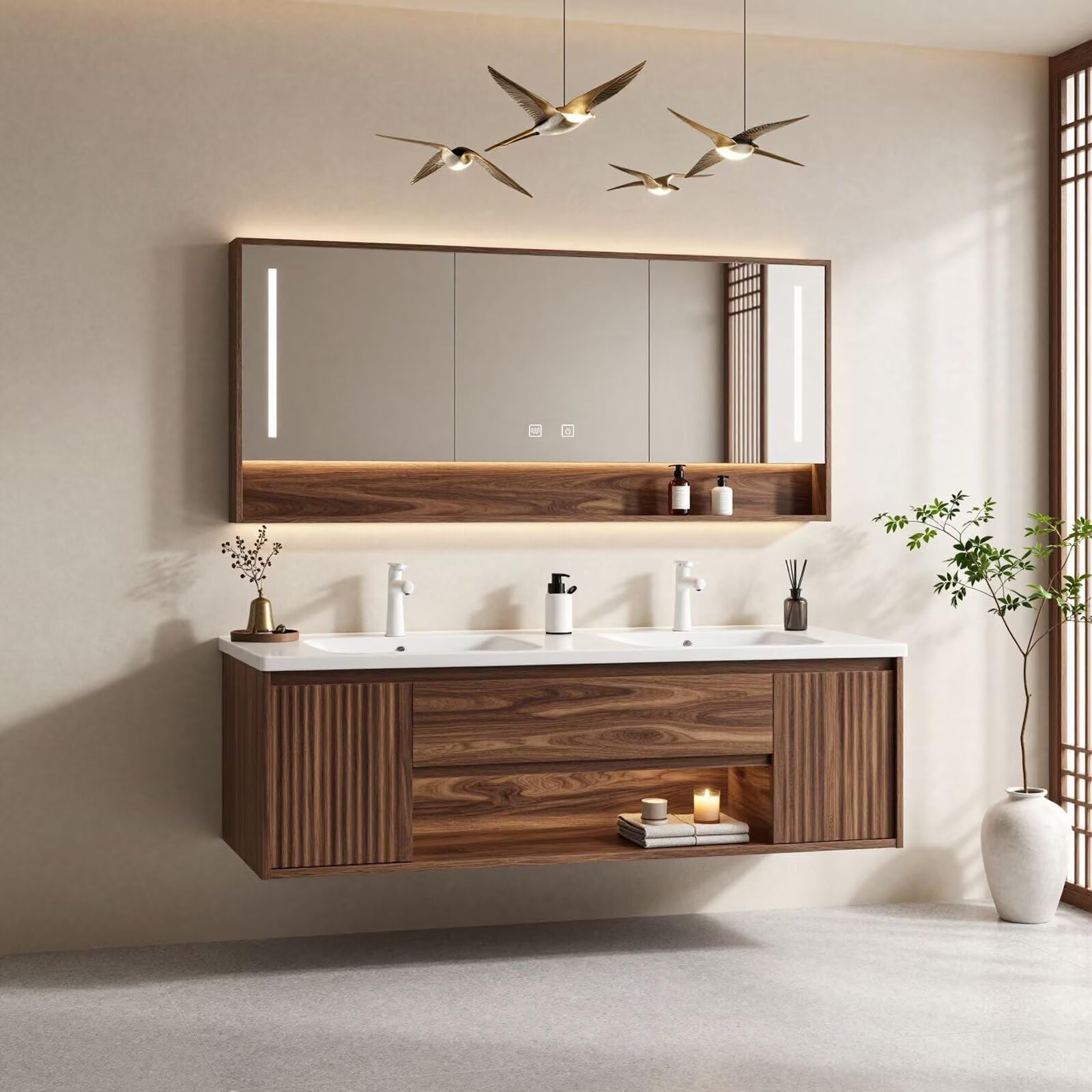 60”-84”Double Sink Floating Bathroom Vanity with LED Mirror Cabinet, Walnut Fluted Cabinet