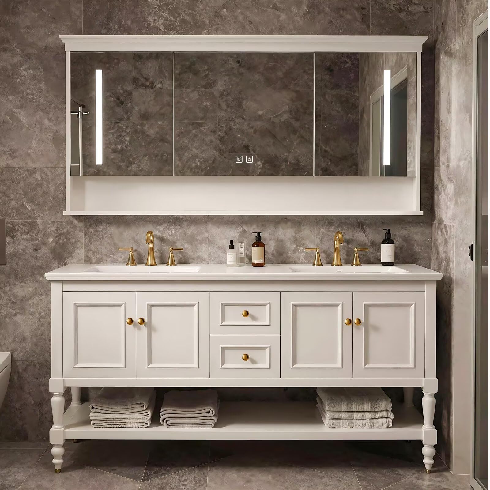 60”-84”Double Sink Freestanding Bathroom Vanity, White Shaker Cabinet with Gold Hardware