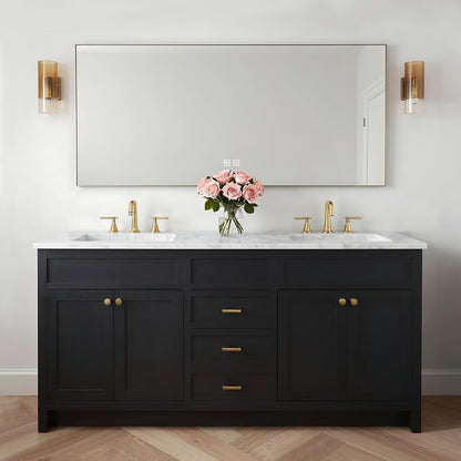 60”-96” Double Sink Freestanding Bathroom Vanity with Marble Top, Black Wood Vanity with Gold Hardware & Large Mirror, Modern Cabinet