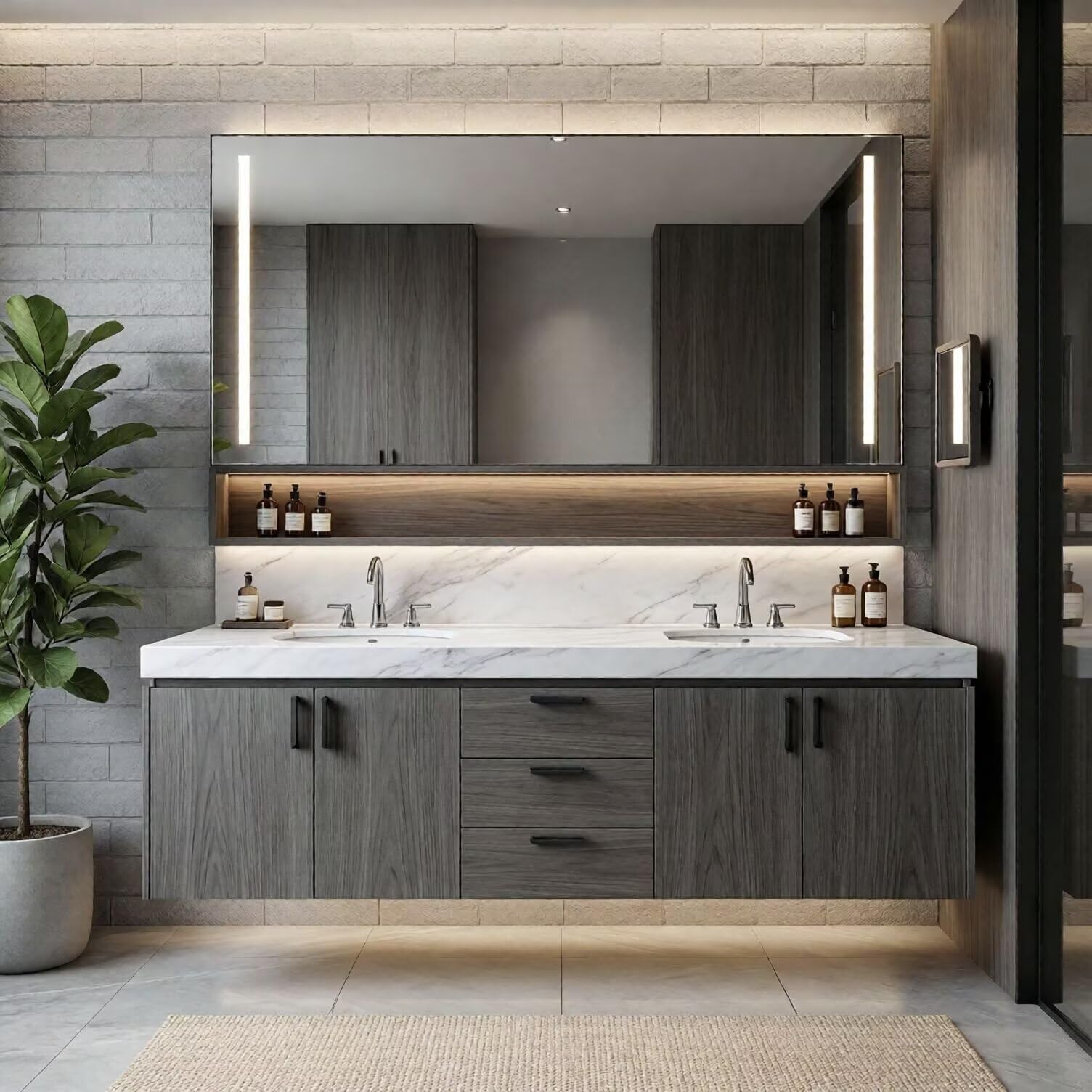 60"-96"Modern Wall-Mounted Bathroom Vanity with Double Sinks & Open Mirror Shelf
