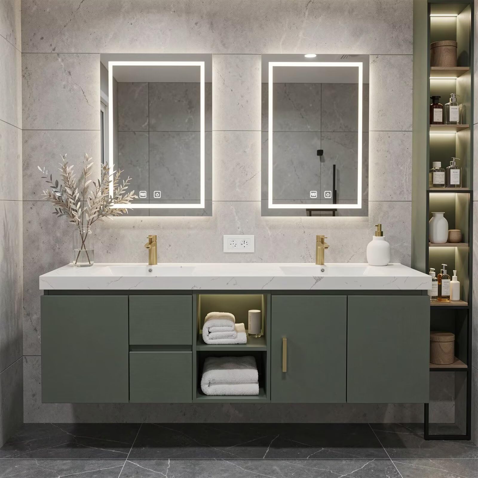 60”-96” Green Floating Bathroom Vanity with Double Sinks & LED Lighted Mirrors