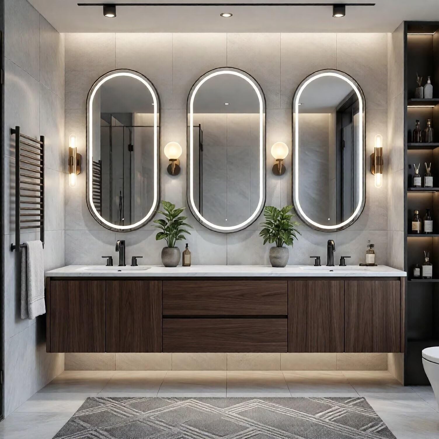 60"-96" Modern Wall-Mounted Bathroom Vanity with Marble Top & LED Lighted Mirrors