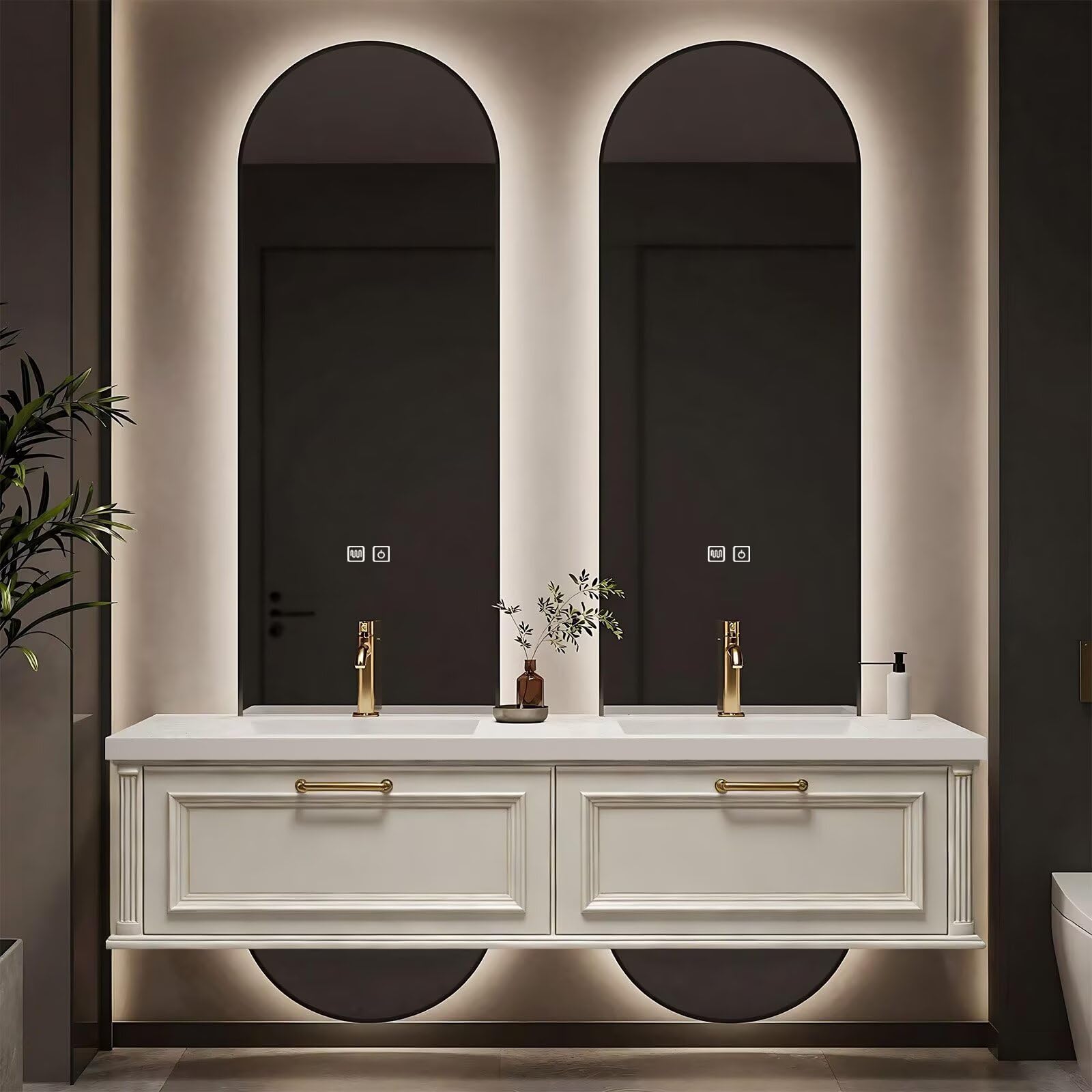 60”-84”Floating Double Sink Bathroom Vanity with LED Arch Mirrors, Wall Mounted Cream White Vanity with Gold Handles, Modern Bathroom Cabinet