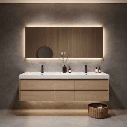 60"-96"Light Oak Floating Bathroom Vanity with Double Sinks & Large LED Backlit Mirror