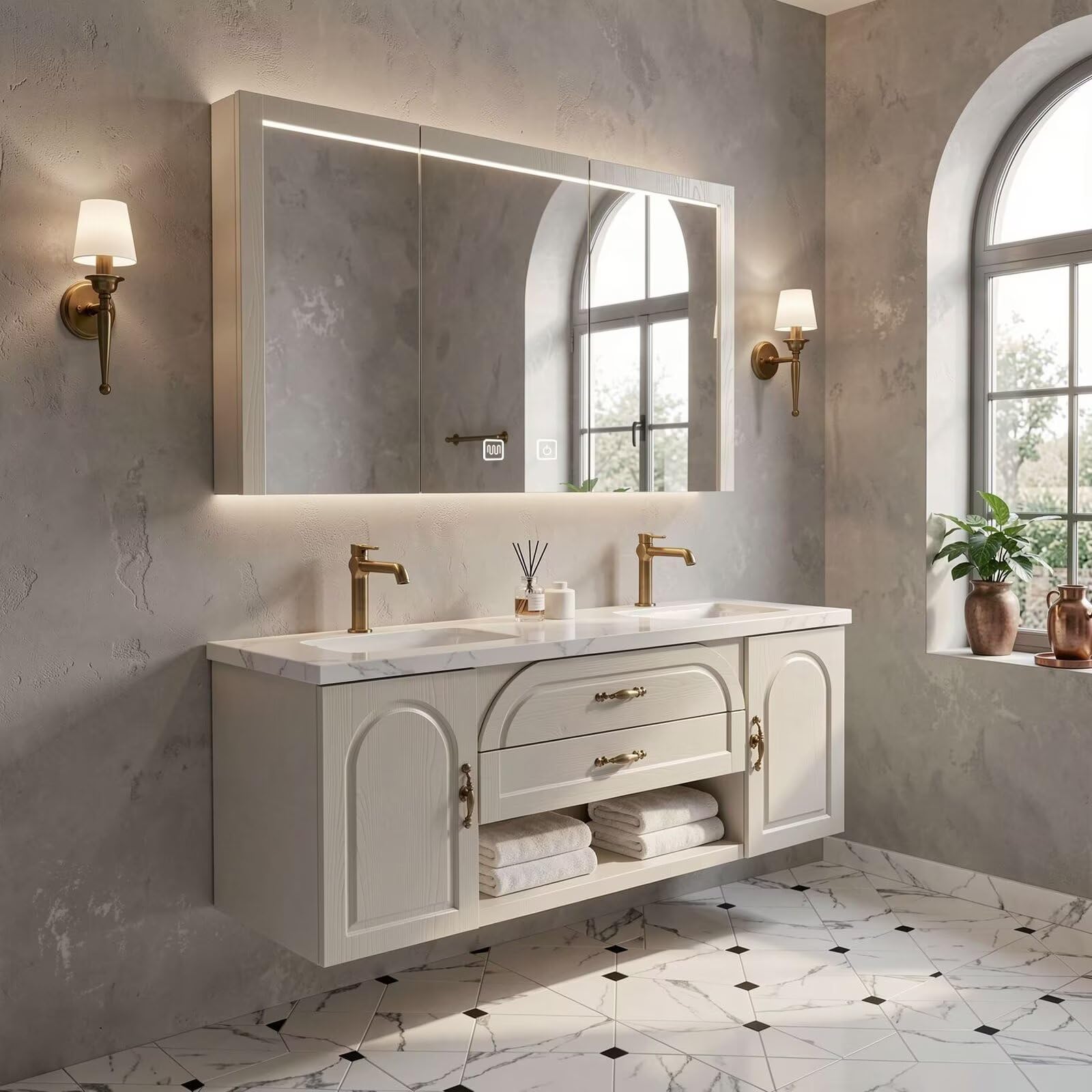 60"-84"Wall-Mounted French Country Bathroom Vanity with Recessed Storage & Lighted Mirror
