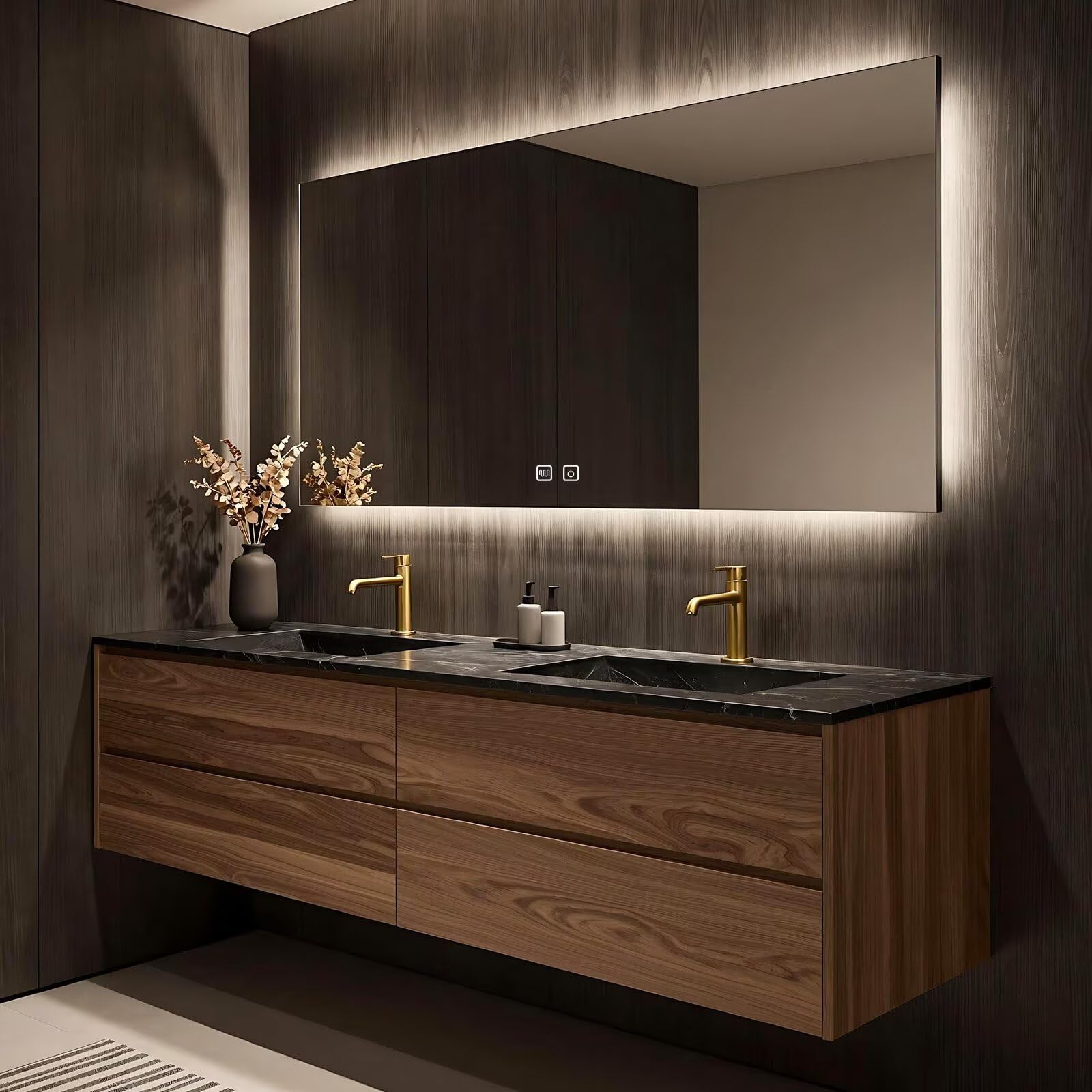 60”-84”Wall Mounted Double Sink Bathroom Vanity with LED Mirror, Wood Floating Cabinet with Black Stone Top, Natural Wood