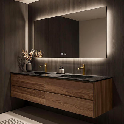 60”-84”Wall Mounted Double Sink Bathroom Vanity with LED Mirror, Wood Floating Cabinet with Black Stone Top, Natural Wood
