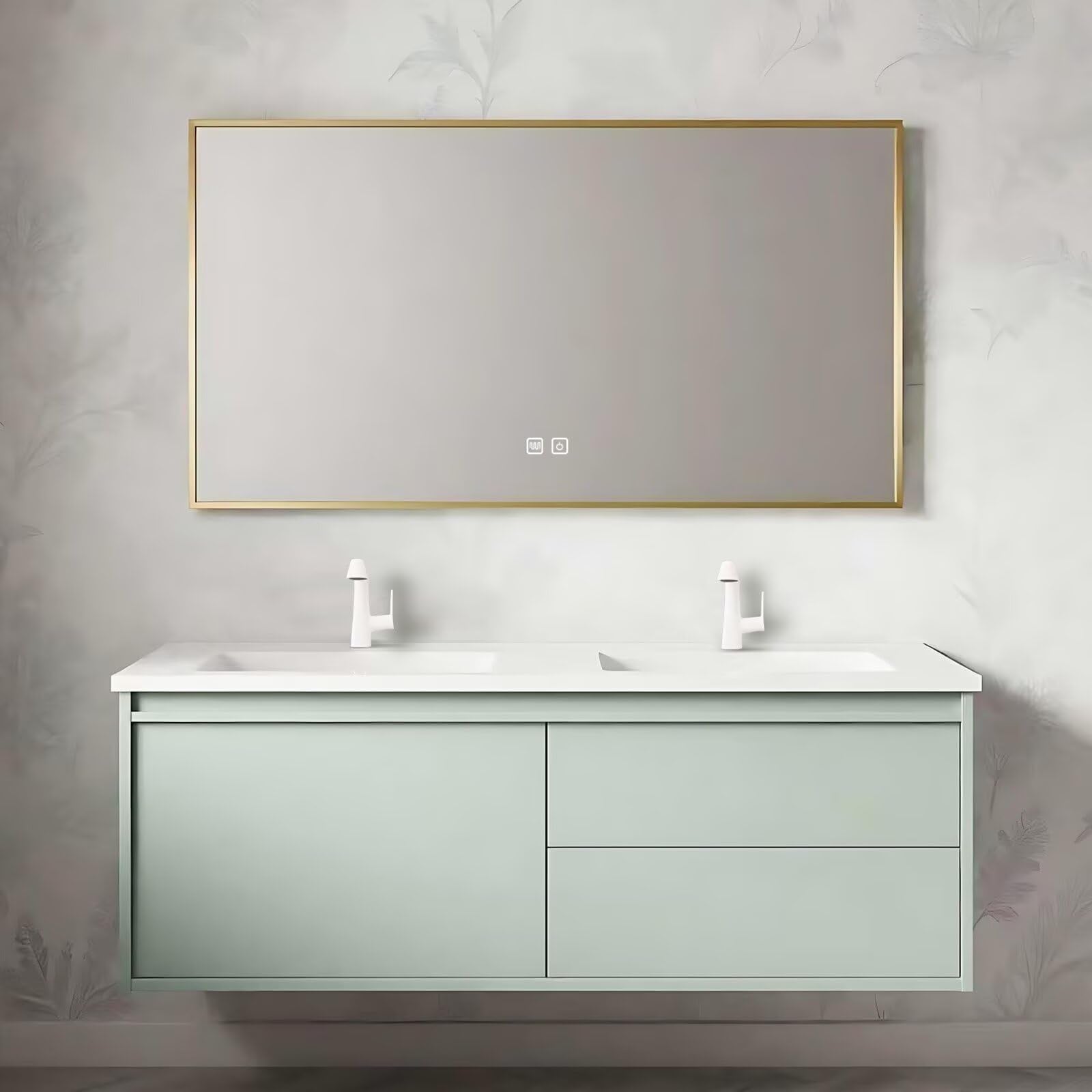 60”-84”Double Sink Floating Bathroom Vanity, Sage Green Cabinet with Gold Framed LED Mirror