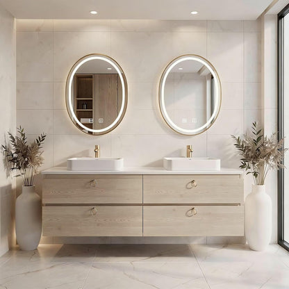 60”-84”Double Sink Floating Bathroom Vanity with LED Round Mirrors, Light Wood Cabinet & Gold Hardware