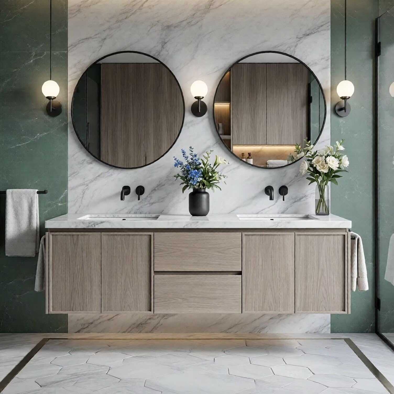 60"-84"Modern Floating Bathroom Vanity with Double Sinks & Round Black Framed Mirrors