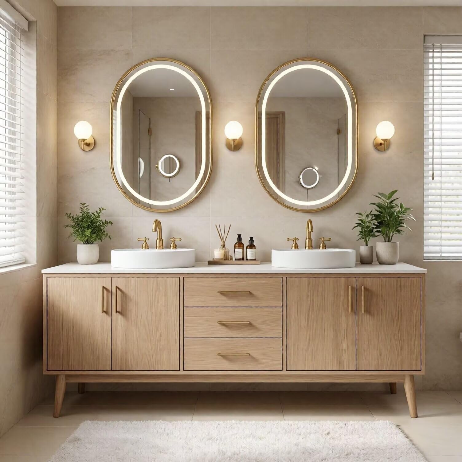 60"-96"Freestanding Oak Bathroom Vanity with Double Vessel Sinks & LED Oval Mirrors
