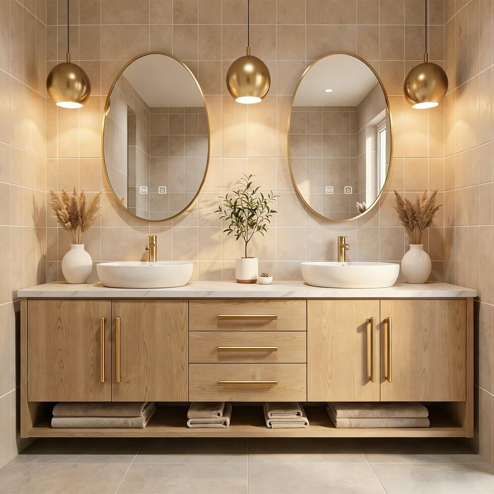 60”-84”Double Sink Floating Bathroom Vanity with Gold Oval Mirrors, Light Wood Cabinet & Gold Hardware