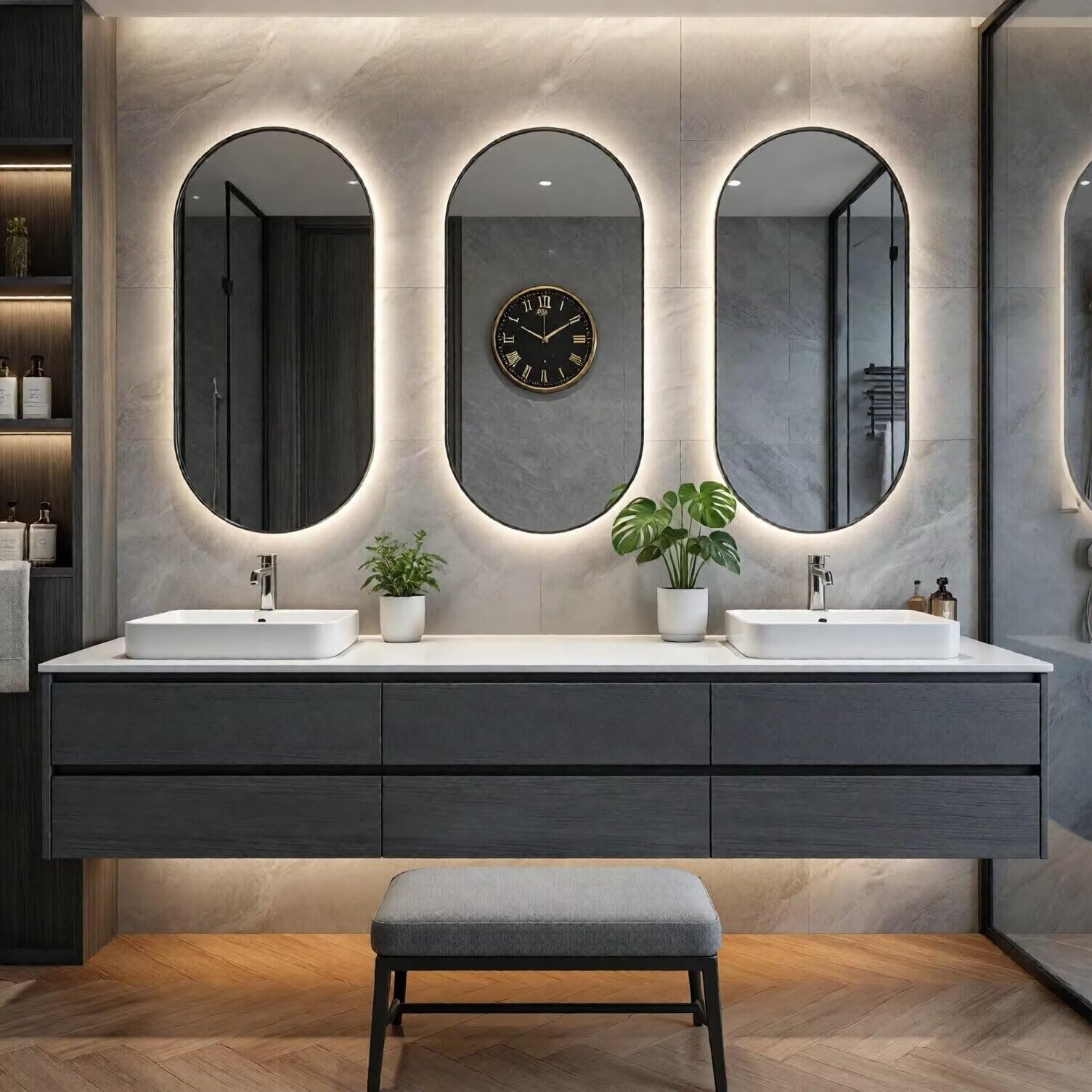 60"-96"Modern Dark Grey Floating Bathroom Vanity with Double Sinks & LED Oval Mirrors