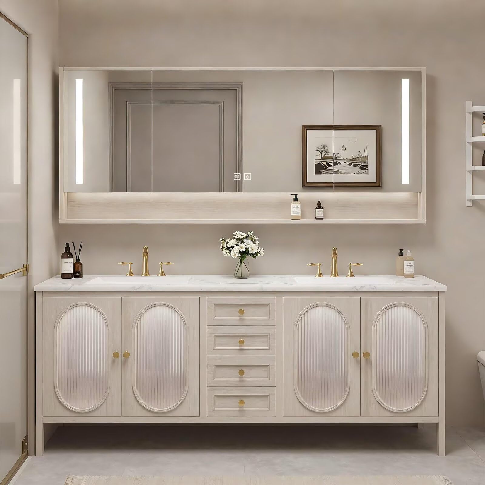 60”-84”Double Sink Bathroom Vanity with LED Mirrors, Wood Floating Cabinet with Marble Top, Modern French Country Style, Beige
