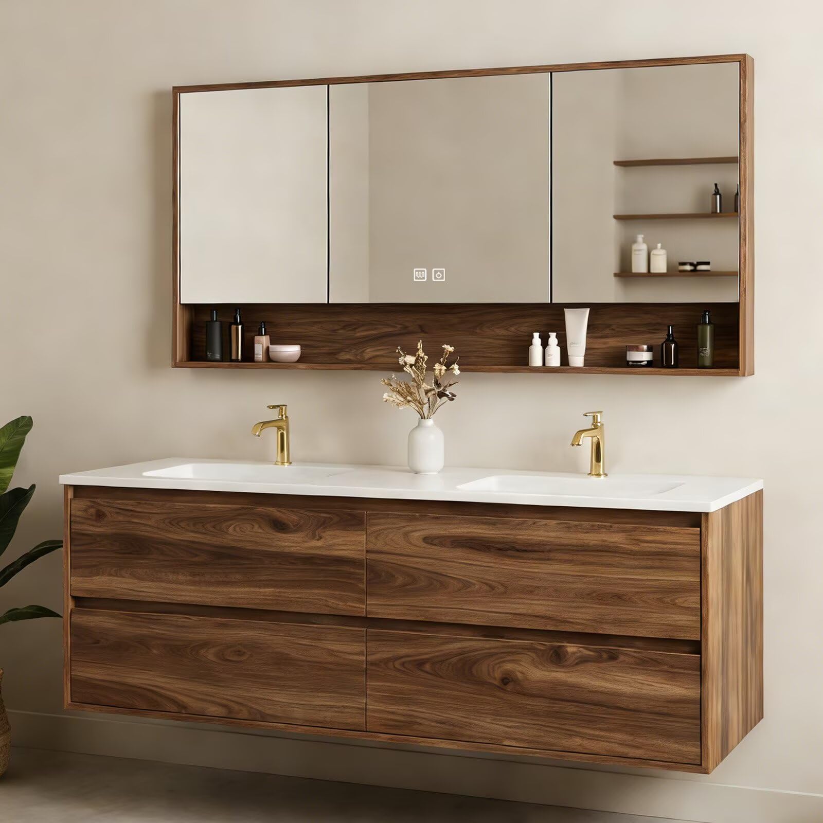 60”-84”Floating Double Sink Bathroom Vanity with LED Defog Mirror Cabinet, Wall Mounted Walnut Wood Vanity with Storage Drawers